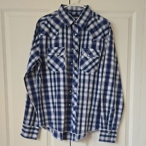 Wrangler Blue and White Plaid Western Button-Down Shirt